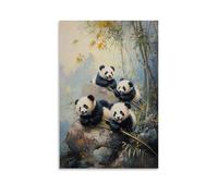 HKXXMTQMM Animal Oil Painting - Playful Panda Cubs Tumbling Among Bamboo in Misty Mountain Forest Contemporary Hanging Wall Art - Decorative Mural Design24x36inch(60x90cm)