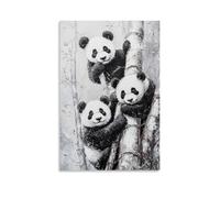 HKXXMTQMM Animal Oil Painting - Playful Pandas Among Bamboo- Black And White Harmony in Nature Contemporary Hanging Wall Art - Decorative Mural Design24x36inch(60x90cm)