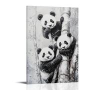 HKXXMTQMM Animal Oil Painting - Playful Pandas Among Bamboo- Black And White Harmony in Nature Contemporary Hanging Wall Art - Decorative Mural Design24x36inch(60x90cm)
