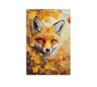 HKXXMTQMM Animal Oil Painting - Playful Red Fox Peeking through Autumn Foliage, with Vibrant Orange And Gold Brushstrokes Contemporary Hanging Wall Art - Decorative Mural Design24x36inch(60x90cm)