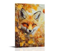 HKXXMTQMM Animal Oil Painting - Playful Red Fox Peeking through Autumn Foliage, with Vibrant Orange And Gold Brushstrokes Contemporary Hanging Wall Art - Decorative Mural Design20x30inch(50x75cm)