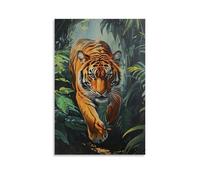 HKXXMTQMM Animal Oil Painting - Powerful Bengal Tiger Stalking Through Lush Jungle with Sunbeam Filtering Through Leaves Contemporary Hanging Wall Art - Decorative Mural Design12x18inch(30x45cm)