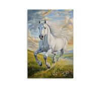 HKXXMTQMM Animal Oil Painting - Regal White Stallion Galloping Across Rolling Green Hills at Dawn Contemporary Hanging Wall Art - Decorative Mural Design20x30inch(50x75cm)