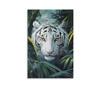 HKXXMTQMM Animal Oil Painting - Regal White Tiger Stalking Through Lush Jungle Foliage with Amber Eyes Contemporary Hanging Wall Art - Decorative Mural Design16x24inch(40x60cm)