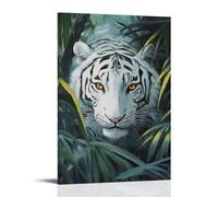 HKXXMTQMM Animal Oil Painting - Regal White Tiger Stalking Through Lush Jungle Foliage with Amber Eyes Contemporary Hanging Wall Art - Decorative Mural Design24x36inch(60x90cm)