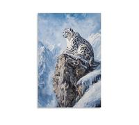 HKXXMTQMM Animal Oil Painting - Snow Leopard Perched on Mountain Cliff with Icy Blue Background Contemporary Hanging Wall Art - Decorative Mural Design12x18inch(30x45cm)