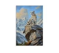 HKXXMTQMM Animal Oil Painting - Snow Leopard Perched on Rocky Cliff with Mountain Landscape Background Contemporary Hanging Wall Art - Decorative Mural Design08x12inch(20x30cm)