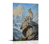 HKXXMTQMM Animal Oil Painting - Snow Leopard Perched on Rocky Cliff with Mountain Landscape Background Contemporary Hanging Wall Art - Decorative Mural Design12x18inch(30x45cm)