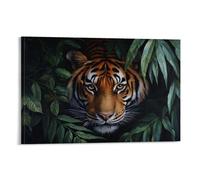 HKXXMTQMM Animal Oil Painting - Striped Majesty- A Powerful Tiger Emerging from Lush Jungle Foliage with Intense Stare Contemporary Hanging Wall Art - Decorative Mural Design16x24inch(40x60cm)