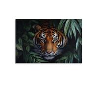 HKXXMTQMM Animal Oil Painting - Striped Majesty- A Powerful Tiger Emerging from Lush Jungle Foliage with Intense Stare Contemporary Hanging Wall Art - Decorative Mural Design08x12inch(20x30cm)