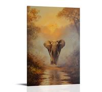 HKXXMTQMM Animal Oil Painting - Wise Old Elephant Walking Through Misty African Landscape at Dawn Contemporary Hanging Wall Art - Decorative Mural Design24x36inch(60x90cm)