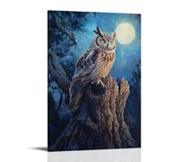 HKXXMTQMM Animal Oil Painting - Wise Old Owl at Moonlight- A Mysterious Nocturnal Guardian Perched on Ancient Oak Contemporary Hanging Wall Art - Decorative Mural Design08x12inch(20x30cm)