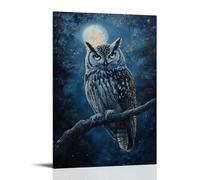 HKXXMTQMM Animal Oil Painting - Wise Old Owl Perched on Moonlit Branch with Feathers Glowing in Night Light Contemporary Hanging Wall Art - Decorative Mural Design24x36inch(60x90cm)