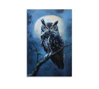 HKXXMTQMM Animal Oil Painting - Wise Old Owl Perched on Moonlit Branch with Glowing Amber Eyes Contemporary Hanging Wall Art - Decorative Mural Design24x36inch(60x90cm)