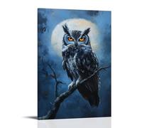 HKXXMTQMM Animal Oil Painting - Wise Old Owl Perched on Moonlit Branch with Glowing Amber Eyes Contemporary Hanging Wall Art - Decorative Mural Design24x36inch(60x90cm)
