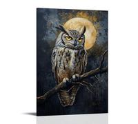 HKXXMTQMM Animal Oil Painting - Wise Old Owl Perched on Moonlit Branch with Glowing Yellow Eyes And Intricate Feather Details Contemporary Hanging Wall Art - Decorative Mural Design24x36inch(60x90cm)