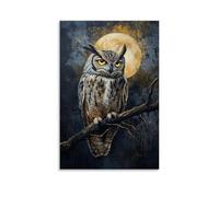 HKXXMTQMM Animal Oil Painting - Wise Old Owl Perched on Moonlit Branch with Glowing Yellow Eyes And Intricate Feather Details Contemporary Hanging Wall Art - Decorative Mural Design24x36inch(60x90cm)