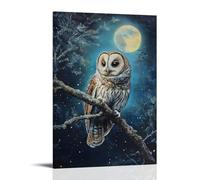 HKXXMTQMM Animal Oil Painting - Wise Old Owl Perched on Moonlit Branch with Starry Background Contemporary Hanging Wall Art - Decorative Mural Design24x36inch(60x90cm)