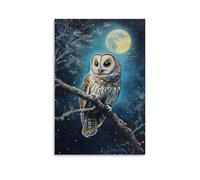 HKXXMTQMM Animal Oil Painting - Wise Old Owl Perched on Moonlit Branch with Starry Background Contemporary Hanging Wall Art - Decorative Mural Design08x12inch(20x30cm)