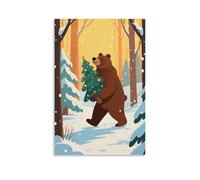 HKXXMTQMM Animal Poster, A Brown Bear Carries A Christmas Tree, Walking on A Snowy Forest Path Contemporary Hanging Wall Art - Decorative Mural Design24x36inch(60x90cm)