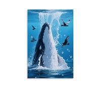HKXXMTQMM Animal Poster, in The Water Column Sprayed by A Whale, There Are Flying Birds Contemporary Hanging Wall Art - Decorative Mural Design20x30inch(50x75cm)