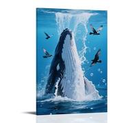 HKXXMTQMM Animal Poster, in The Water Column Sprayed by A Whale, There Are Flying Birds Contemporary Hanging Wall Art - Decorative Mural Design20x30inch(50x75cm)