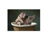 HKXXMTQMM Art Animals- A Hippopotamus in A Floral Bathrobe Reading Newspaper While Soaking in A Tiny Bathtub Contemporary Hanging Wall Art - Decorative Mural Design08x12inch(20x30cm)