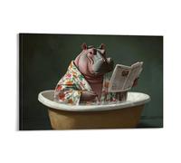 HKXXMTQMM Art Animals- A Hippopotamus in A Floral Bathrobe Reading Newspaper While Soaking in A Tiny Bathtub Contemporary Hanging Wall Art - Decorative Mural Design12x18inch(30x45cm)