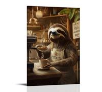 HKXXMTQMM Art Animals- A Sloth Barista Serving Coffee in Slow Motion with A Patience Is Brewing Sign Contemporary Hanging Wall Art - Decorative Mural Design20x30inch(50x75cm)