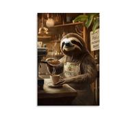 HKXXMTQMM Art Animals- A Sloth Barista Serving Coffee in Slow Motion with A Patience Is Brewing Sign Contemporary Hanging Wall Art - Decorative Mural Design08x12inch(20x30cm)