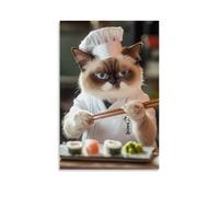 HKXXMTQMM Art Animals- Grumpy Cat Chef Preparing Sushi While Judging Customers Chopstick Skills Contemporary Hanging Wall Art - Decorative Mural Design24x36inch(60x90cm)