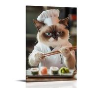 HKXXMTQMM Art Animals- Grumpy Cat Chef Preparing Sushi While Judging Customers Chopstick Skills Contemporary Hanging Wall Art - Decorative Mural Design12x18inch(30x45cm)