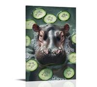 HKXXMTQMM Art Animals- Hippo Spa Day with Cucumber Slices And Bubble Bath Contemporary Hanging Wall Art - Decorative Mural Design12x18inch(30x45cm)