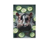 HKXXMTQMM Art Animals- Hippo Spa Day with Cucumber Slices And Bubble Bath Contemporary Hanging Wall Art - Decorative Mural Design20x30inch(50x75cm)