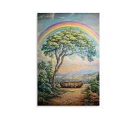 HKXXMTQMM Christian Mural - Noahs Ark- Covenant Rainbow Over Creation Contemporary Hanging Wall Art - Decorative Mural Design24x36inch(60x90cm)