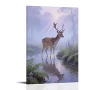HKXXMTQMM Deer by Stream in Morning Mist, Hooves Touching Clear Waves Contemporary Hanging Wall Art - Decorative Mural Design20x30inch(50x75cm)
