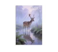 HKXXMTQMM Deer by Stream in Morning Mist, Hooves Touching Clear Waves Contemporary Hanging Wall Art - Decorative Mural Design20x30inch(50x75cm)
