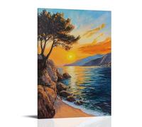 HKXXMTQMM Landscape - Golden Sunset Over The Mediterranean Coast Contemporary Hanging Wall Art - Decorative Mural Design24x36inch(60x90cm)