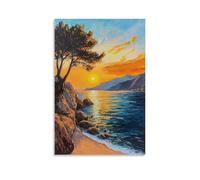 HKXXMTQMM Landscape - Golden Sunset Over The Mediterranean Coast Contemporary Hanging Wall Art - Decorative Mural Design24x36inch(60x90cm)