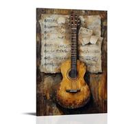 HKXXMTQMM Musical Instruments Oil Painting- Classical Guitar Leaning Against Weathered Sheet Music, Warm Earthy Palette Contemporary Hanging Wall Art - Decorative Mural Design24x36inch(60x90cm)