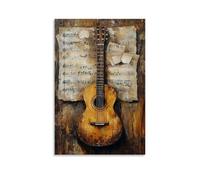 HKXXMTQMM Musical Instruments Oil Painting- Classical Guitar Leaning Against Weathered Sheet Music, Warm Earthy Palette Contemporary Hanging Wall Art - Decorative Mural Design24x36inch(60x90cm)