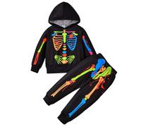 HKYFNNBW-2PCS Baby Halloween Outfits Glow In The Dark Skeleton Print Long Sleeve Hoodie Trousers Set Toddler Outfits (Black, 2-3T)