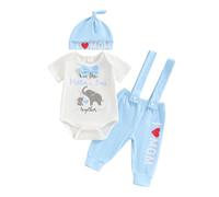 HKYFNNBW Baby Girl Boy Outfit My 1st Mother's Day Short Sleeve Romper And Pants Hat Infant Coming Home Outfit Summer Clothes 3Pcs (Blue 3, 6-12 Months)