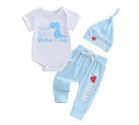 HKYFNNBW Baby Girl Boy Outfit My 1st Mother's Day Short Sleeve Romper And Pants Hat Infant Coming Home Outfit Summer Clothes 3Pcs (Blue, 3-6 Months)