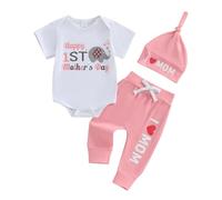HKYFNNBW Baby Girl Boy Outfit My 1st Mother's Day Short Sleeve Romper And Pants Hat Infant Coming Home Outfit Summer Clothes 3Pcs (Pink, 12-18 Months)