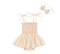 HKYFNNBW-Infant Girls Casual Romper with Headdress, Floral Embroidery Tie-up Off-the-shoulder Jumpsuit with Yarn Hem (Apricot, 12-18 Months)
