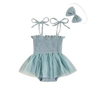 HKYFNNBW-Infant Girls Casual Romper with Headdress, Floral Embroidery Tie-up Off-the-shoulder Jumpsuit with Yarn Hem (Blue, 12-18 Months)