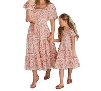 HKYFNNBW Mommy and Me Dresses Family Matching Outfits Floral Printed A-Line Dress Vacation Beach Summer Casual Dresses (Women, XL, Pink 3)