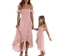 HKYFNNBW Mommy and Me Dresses Family Matching Outfits Off-Shoulder Dress Ruffled Hem Summer A Line Dress (Women, L, Pink)