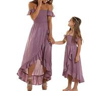 HKYFNNBW Mommy and Me Dresses Family Matching Outfits Off-Shoulder Dress Ruffled Hem Summer A Line Dress (Women, L, Purple)